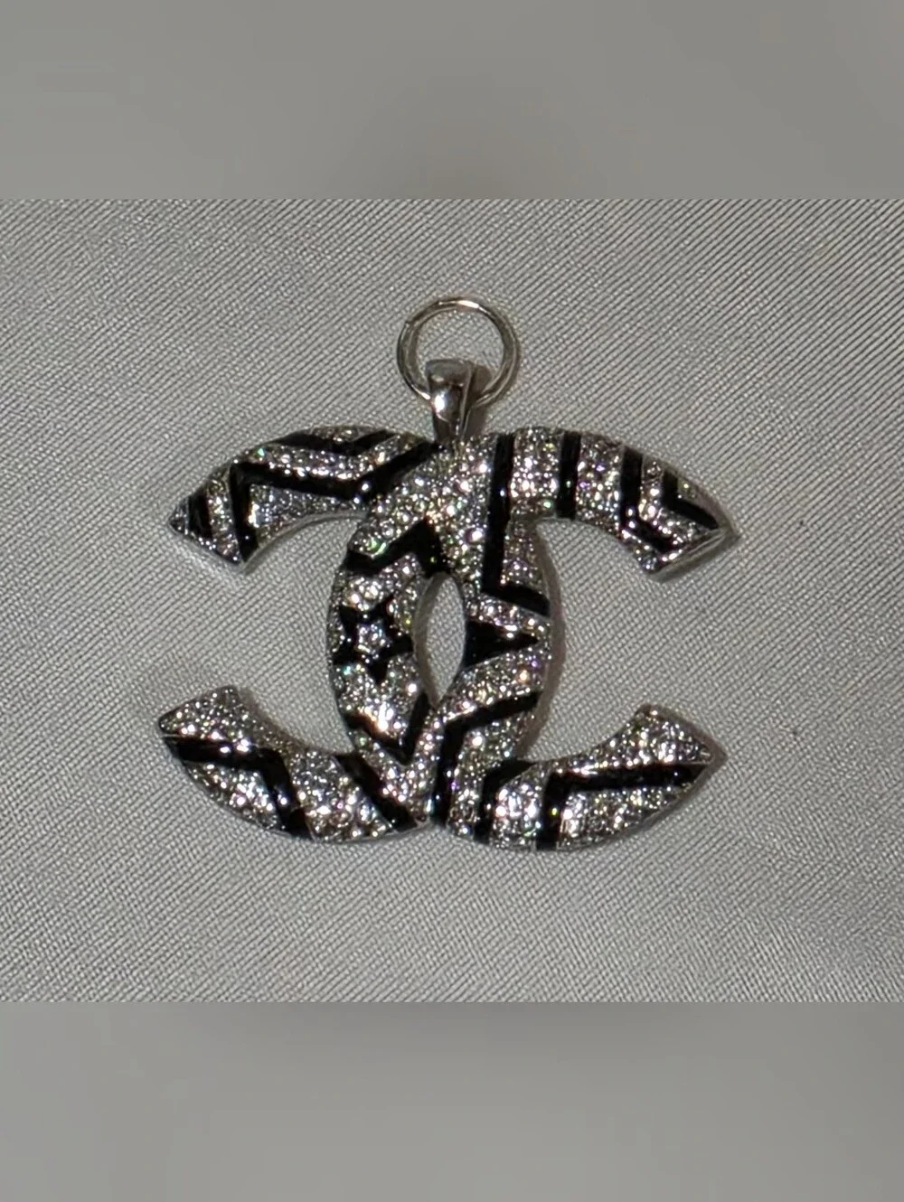 CHANEL Black and Silver Crystal CC Logo Pendant Charm